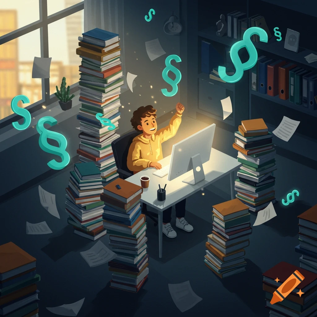 An illustration of a happy person studying at a desk surrounded by tall stacks of books, a computer, and floating legal paragraph symbols.