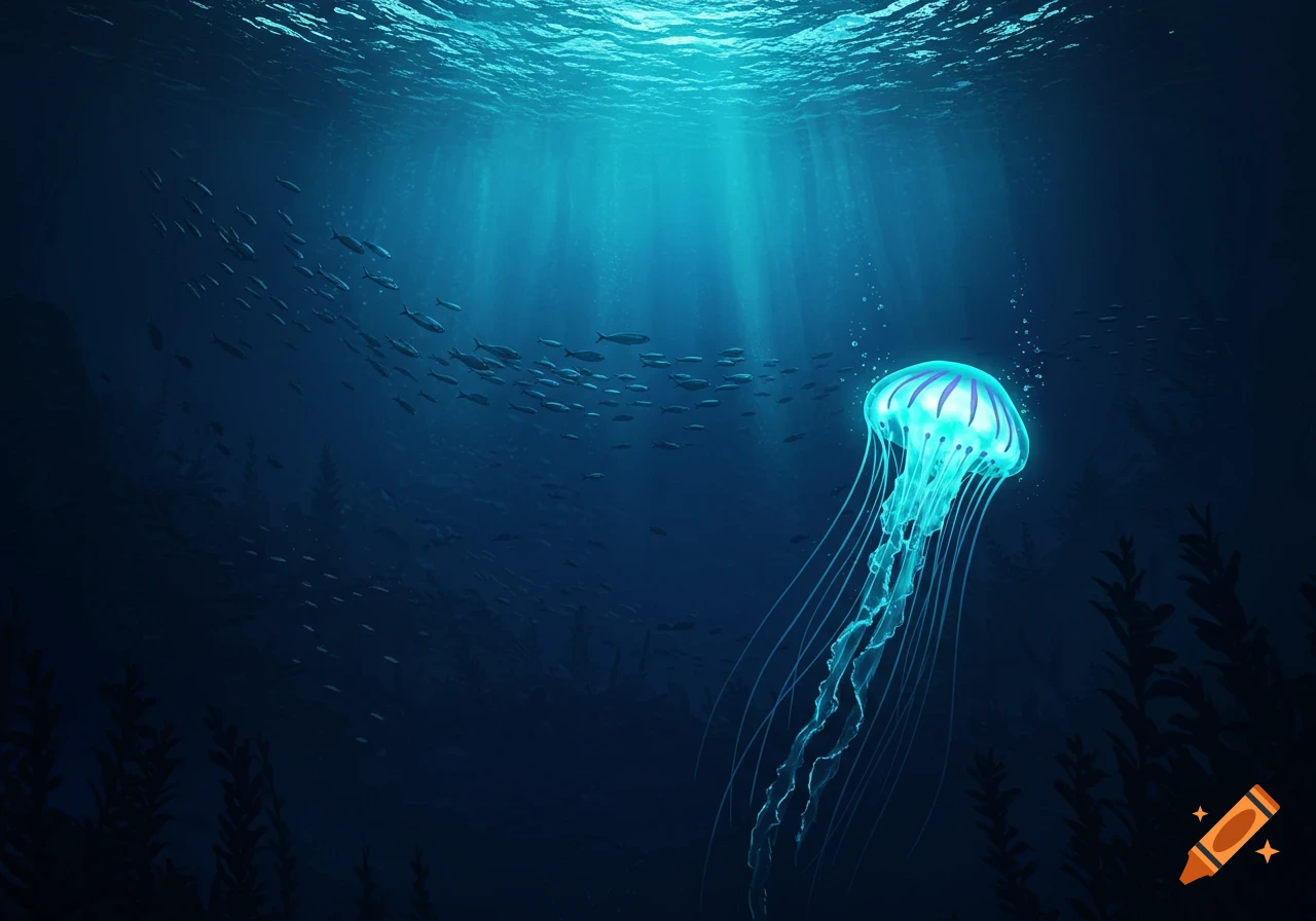 A vibrant, glowing blue jellyfish with long tentacles floats in the deep blue ocean, illuminated by sunlight.