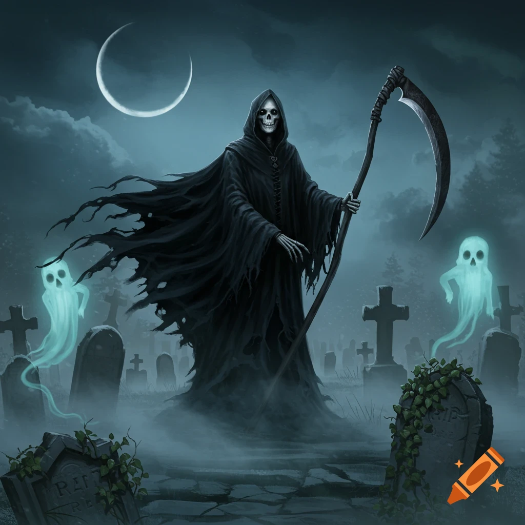 A dark fantasy illustration of the Grim Reaper with a scythe standing in a foggy graveyard with two glowing ghosts under a crescent moon.