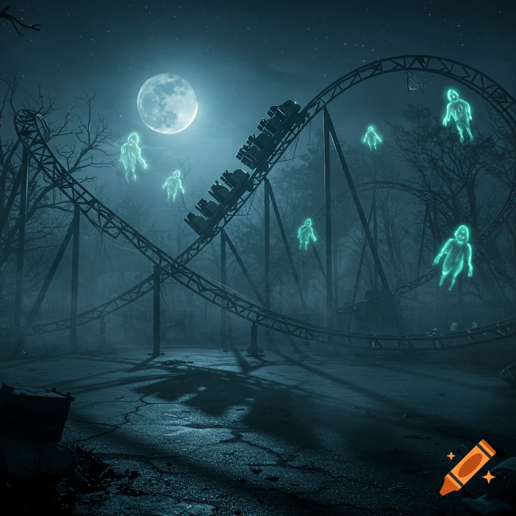 A full moon illuminates an abandoned roller coaster surrounded by glowing green ghosts and bare trees on a foggy night.
