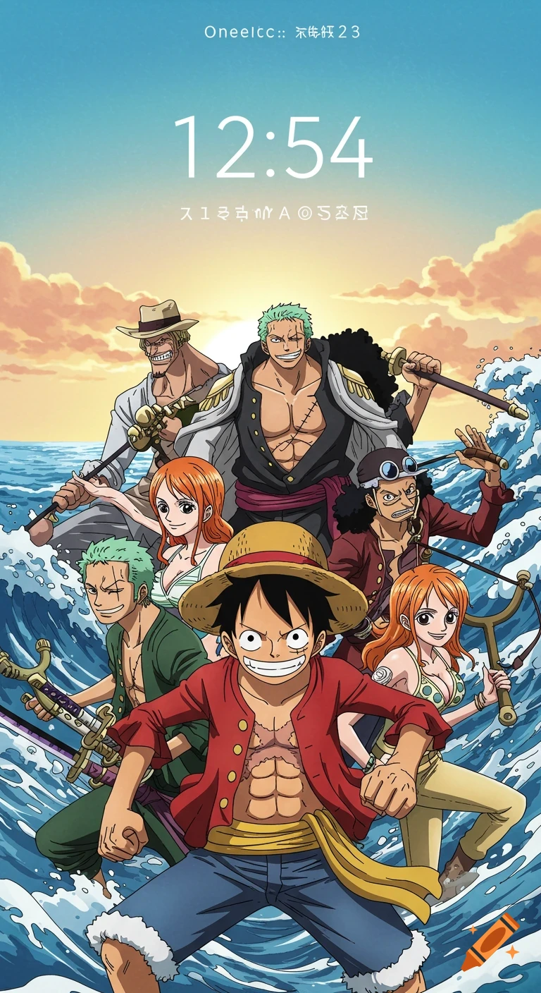 The Straw Hat Pirates from One Piece, including Luffy, Zoro, and Nami, stand on rough seas beneath a sunrise sky, styled as a phone wallpaper with a clock.