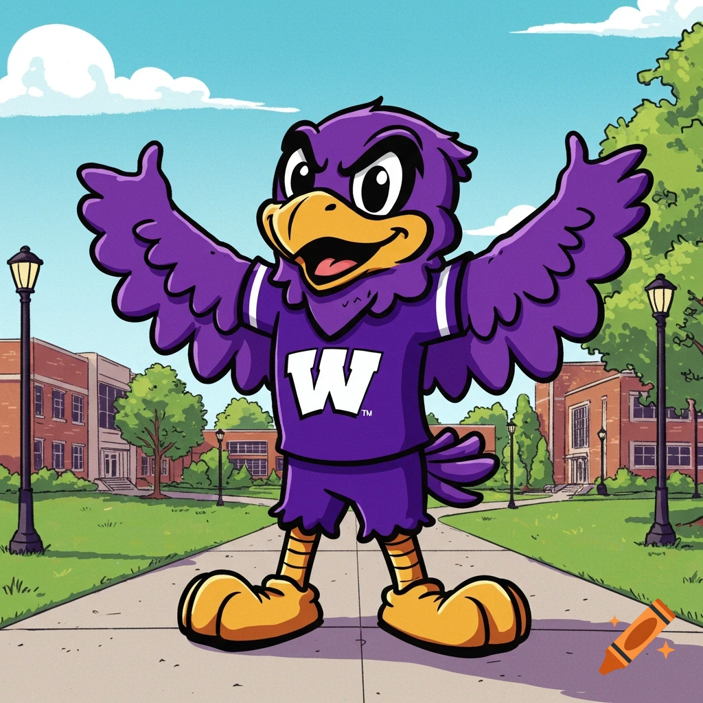 A cheerful purple cartoon bird mascot wearing a 'W' jersey stands on a university campus path with arms open wide.
