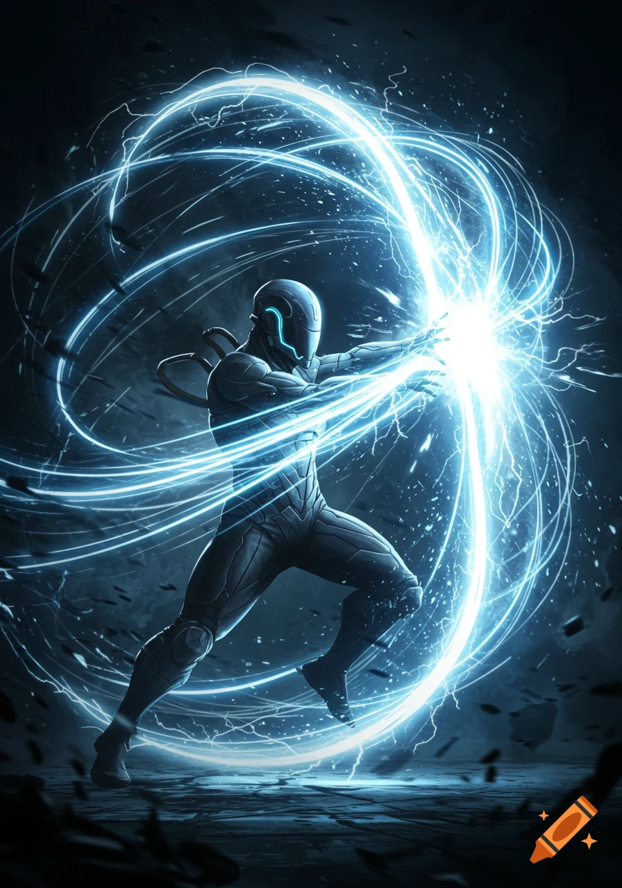 Figure in a dark futuristic suit generating bright blue electric energy ...