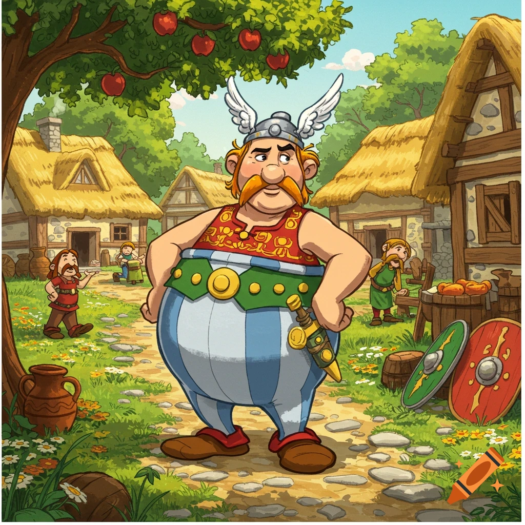 A large cartoon character resembling Obelix, wearing a winged helmet and striped pants, stands in a rustic village under an apple tree.