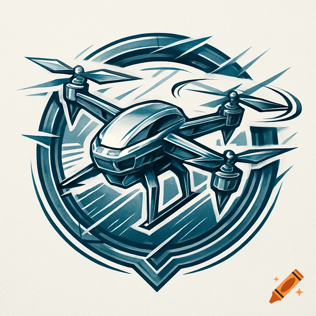Stylized blue and white drone logo within a circular emblem, featuring sharp lines and dynamic design.