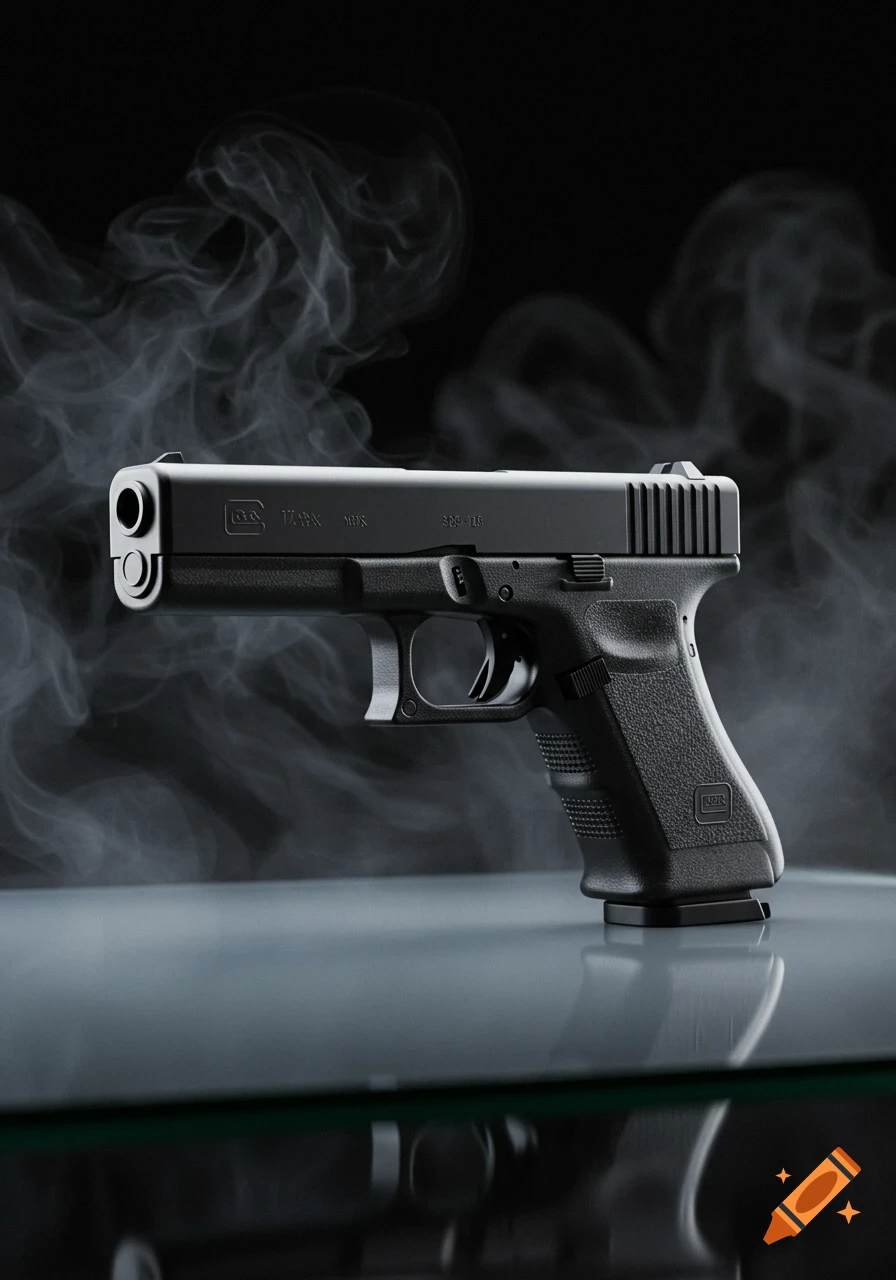 A photorealistic black Glock handgun rests on a reflective surface with smoke in the background.