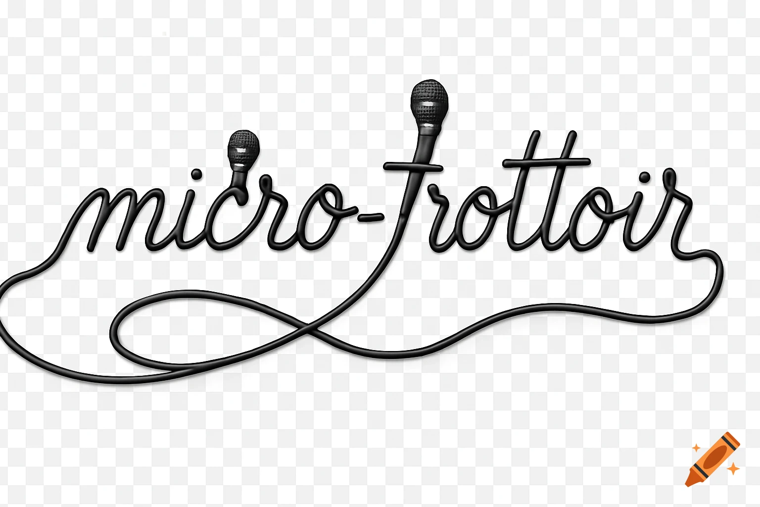 A black microphone cable spells out "micro-trottoir" in cursive, with two microphones replacing the dots over the 'i's on a transparent background.