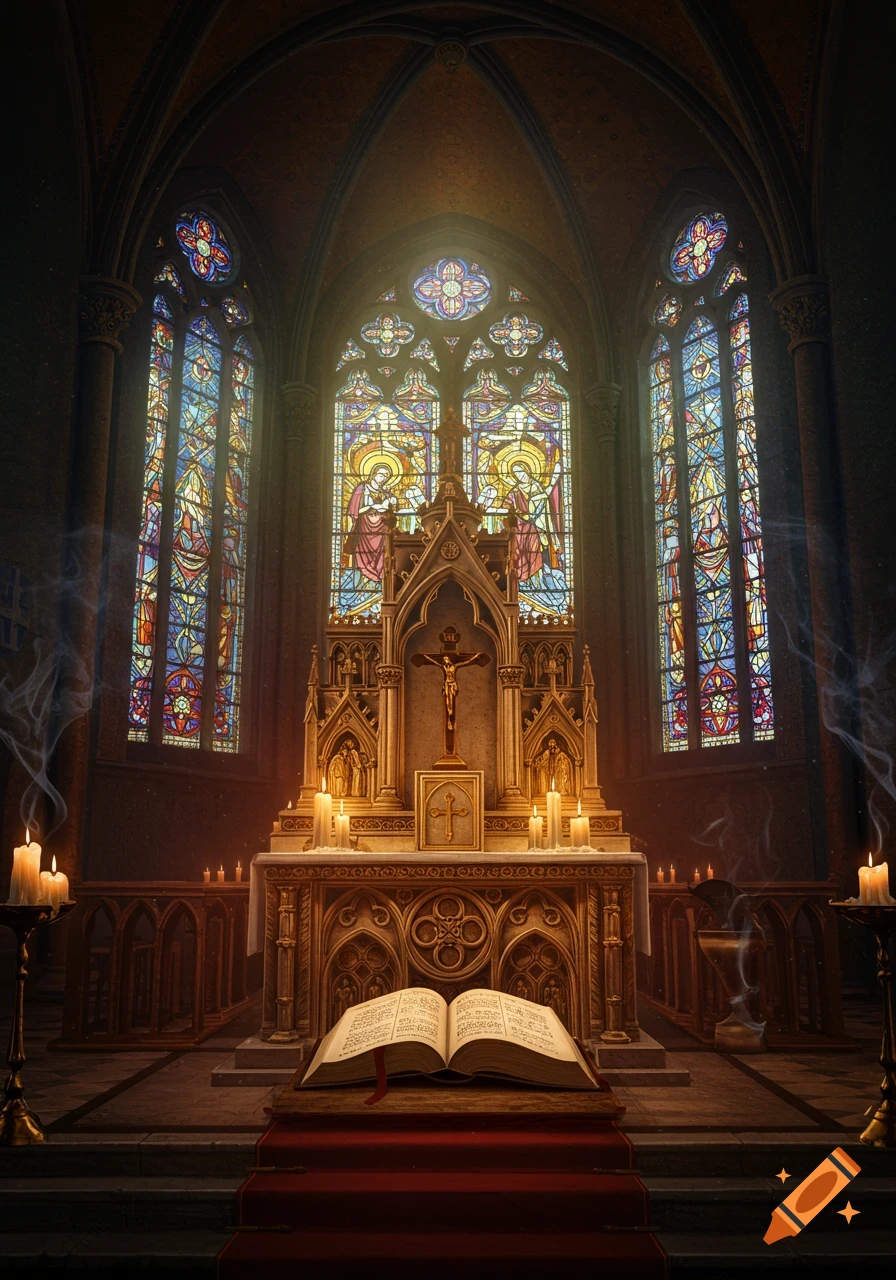 A dimly lit church interior featuring a grand, ornate golden altar with a crucifix, surrounded by glowing stained glass windows. An open book rests on a red draped pedestal in the foreground.