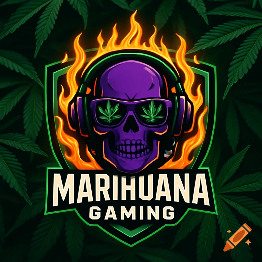 Marihuana Gaming logo with a purple skull wearing headphones and cannabis-leaf sunglasses, framed by flames and a green shield, on a dark cannabis leaf background.