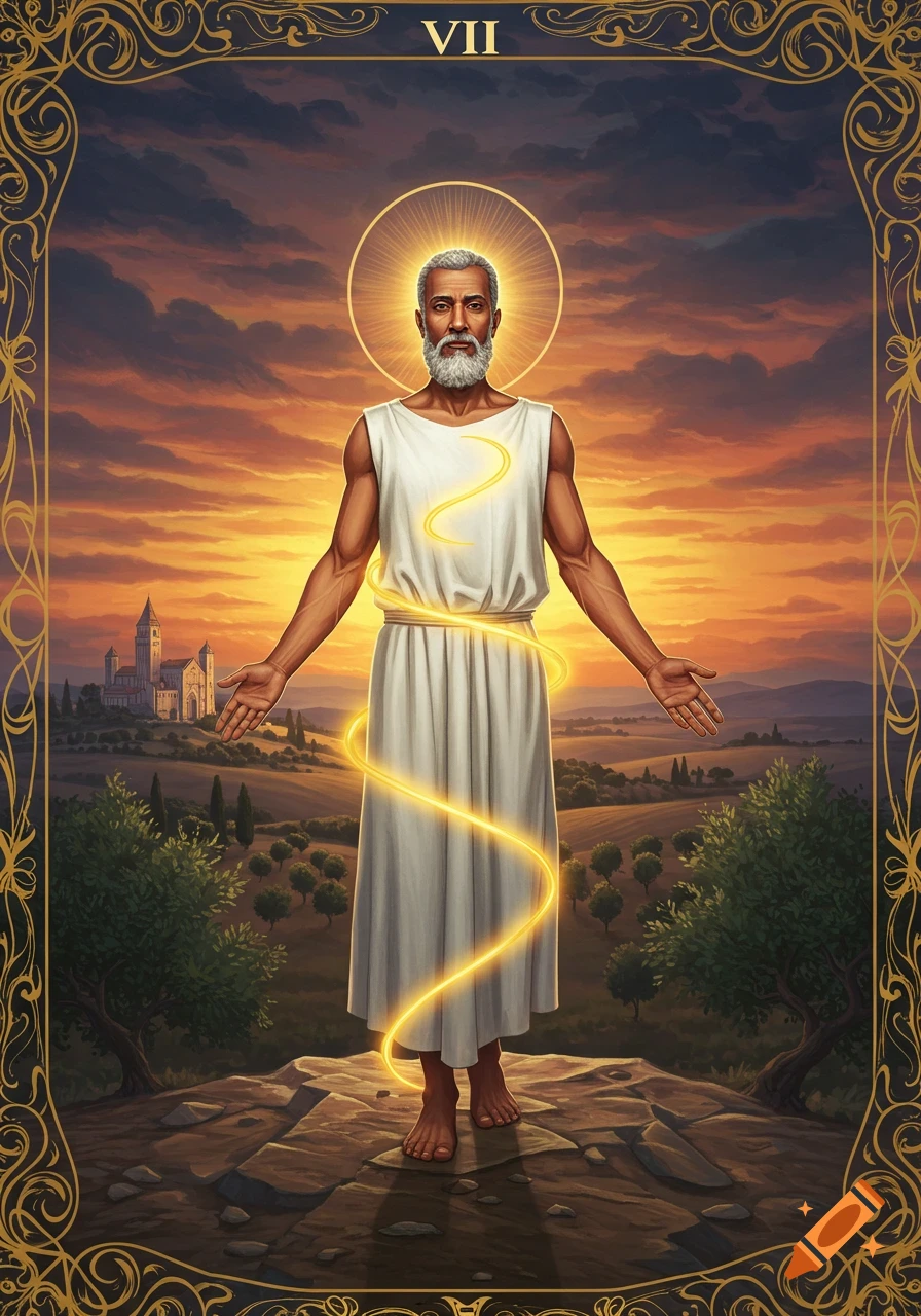 A serene man with a halo and white tunic stands on a hill at sunset, golden light spiraling around him, within an ornate tarot card border. A cathedral and olive trees are in the background.