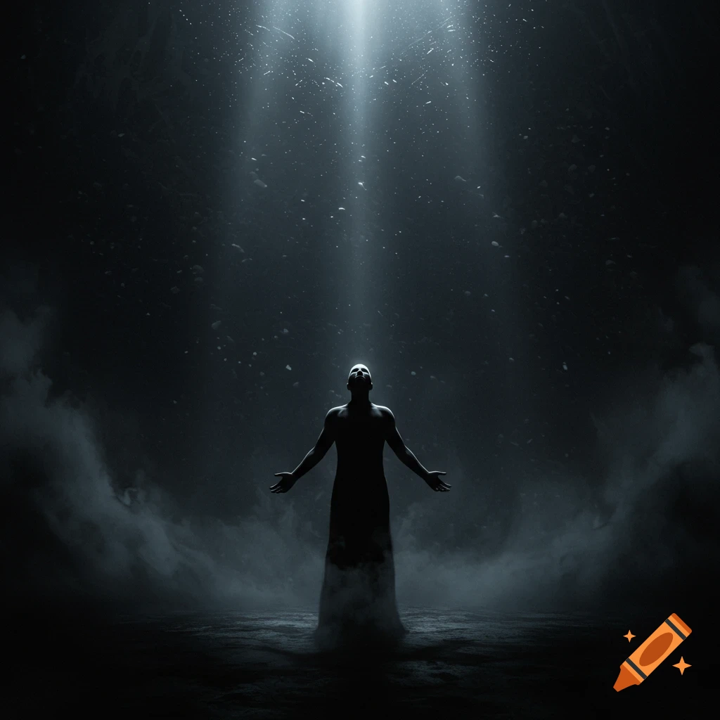 A silhouetted figure stands with arms outstretched under a strong beam of light in a dark, misty environment.