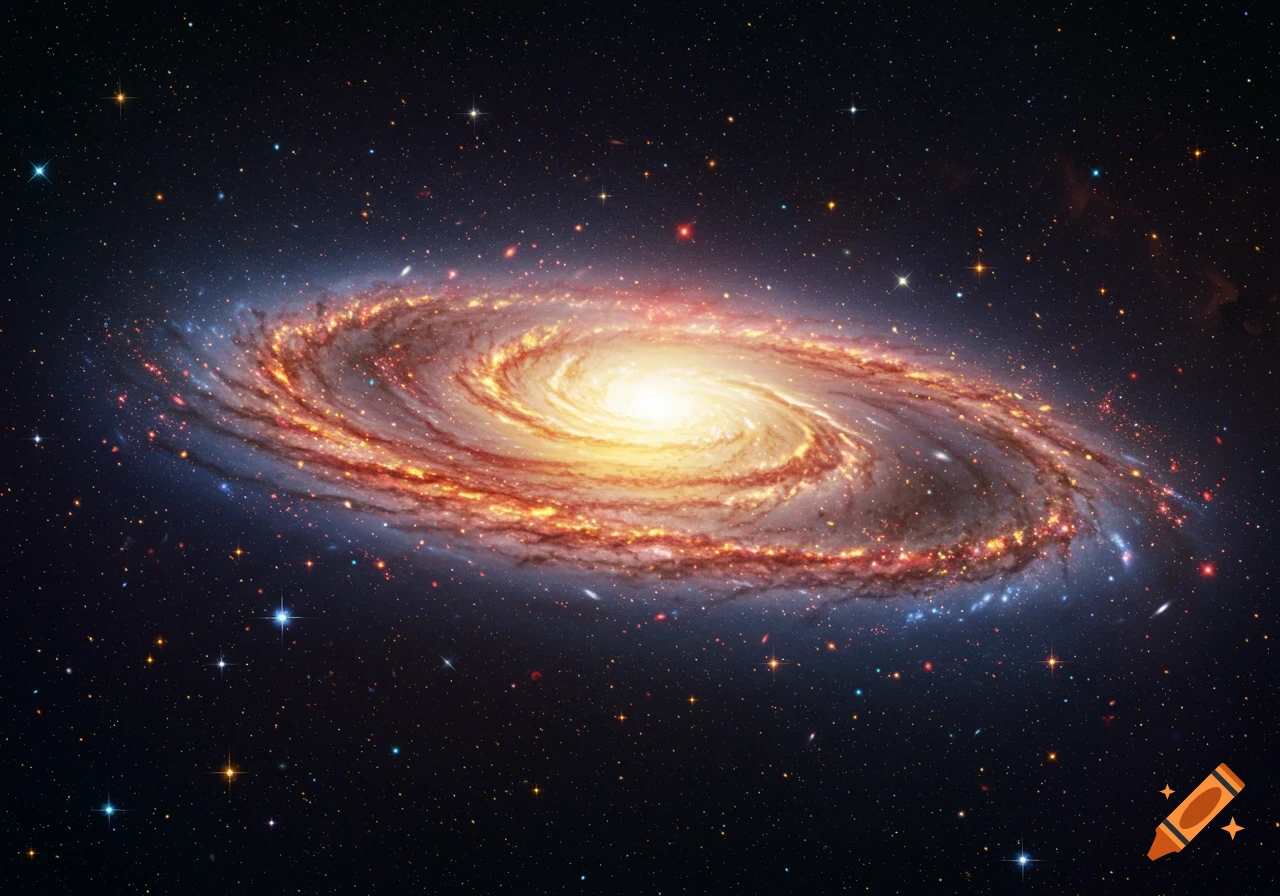 A vibrant spiral galaxy with a bright yellow core and fiery red and orange arms set against a dark, star-filled cosmic background.