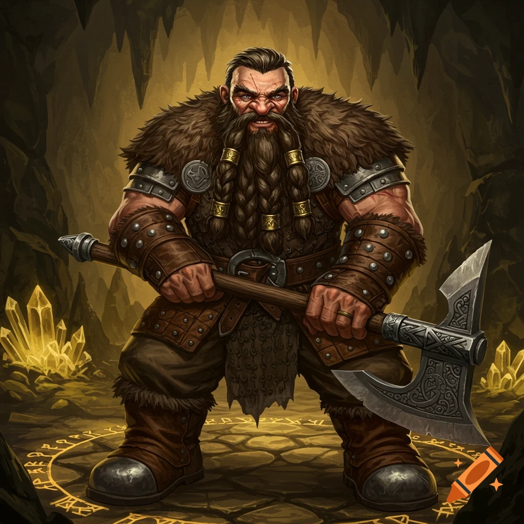 A grizzled dwarf warrior with a braided beard, wearing fur and leather armor, holds a large axe in a glowing crystal cave with runes.