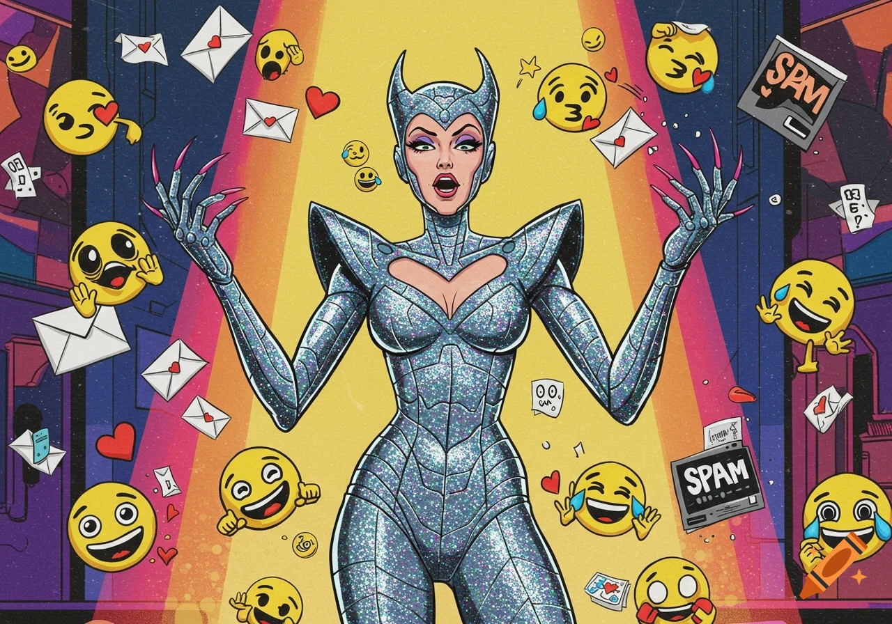 A stylized female comic villain in a glittering metallic suit with horns and long pink nails, surrounded by floating spam mail and emojis.