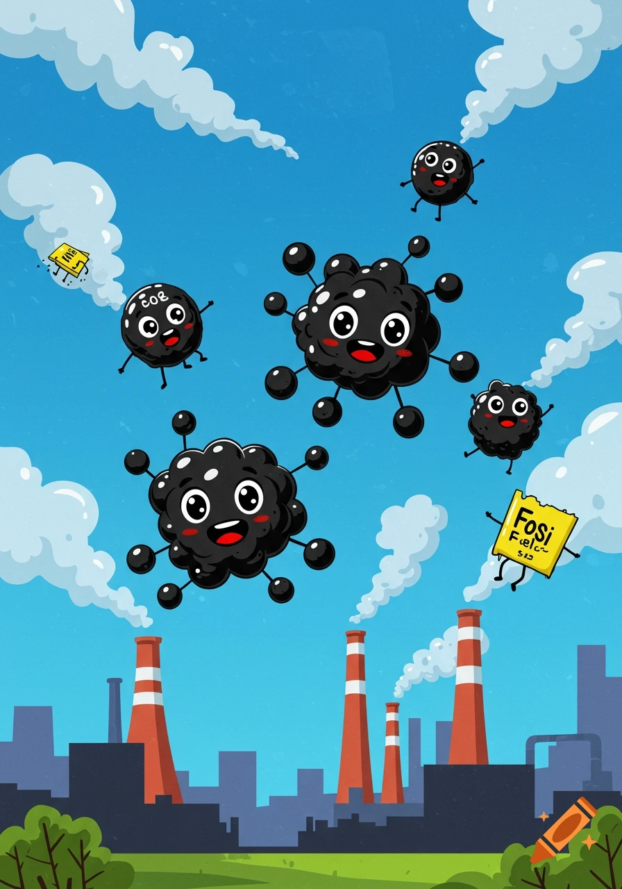 Cartoon illustration of smiling black carbon atoms and 'Fosi Fuel' characters floating above industrial smokestacks emitting white smoke into a blue sky.