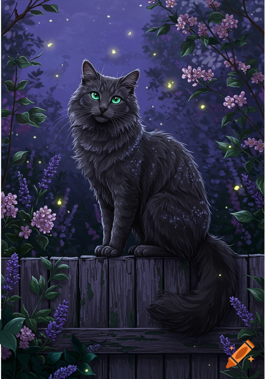 A fluffy black cat with bright green eyes sits on a wooden fence at ...