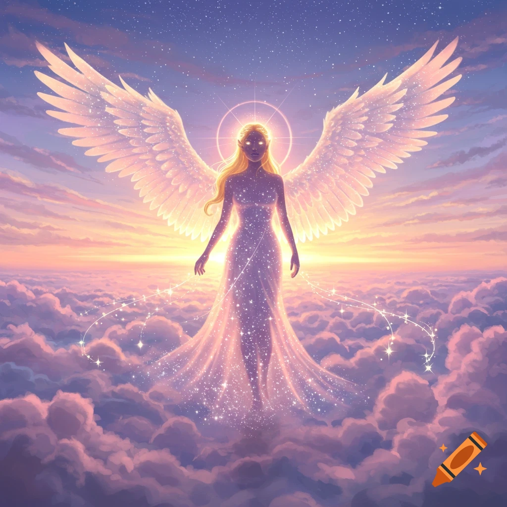 A luminous angelic woman with large white wings stands on clouds at sunset, sparkling with light in ethereal fantasy art.