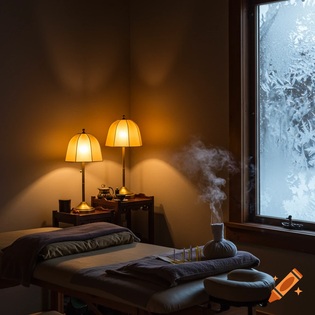A cozy, dimly lit TCM therapy room with a massage table, glowing lamps, a steaming herbal compress, and a frosty window.