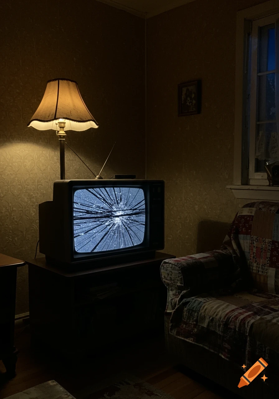 A cracked old television screen in a dimly lit, vintage living room with a lamp and armchair.