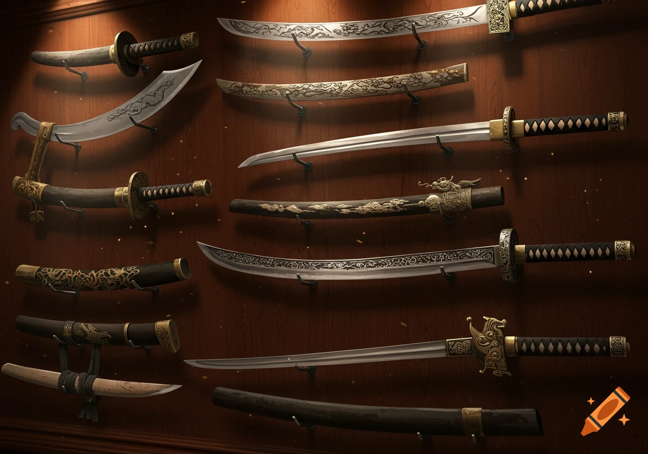 An array of ornate, detailed swords and scabbards from various cultures displayed on a dark wooden wall.