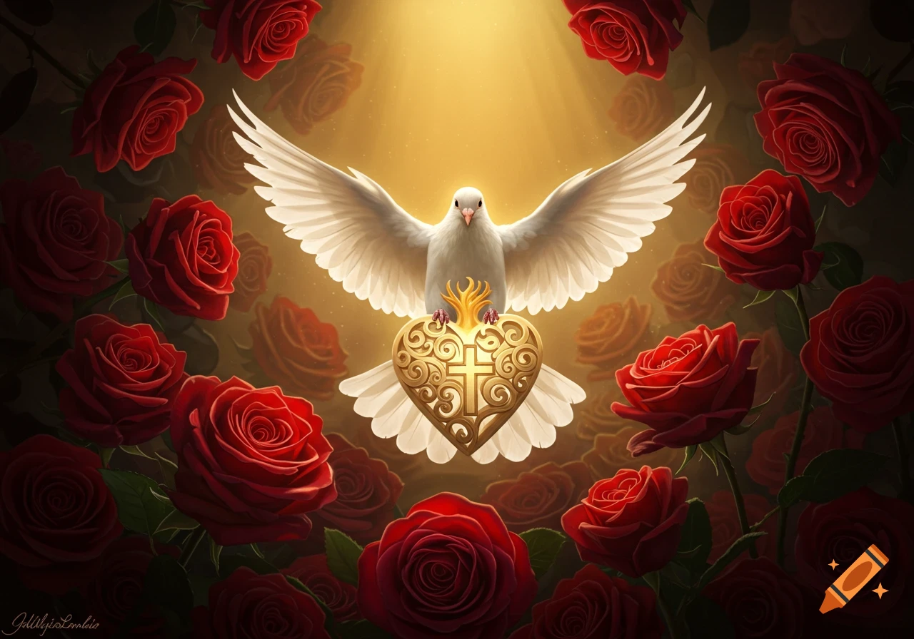 A white dove with outstretched wings holds a flaming golden heart adorned with a cross, surrounded by vibrant red roses and bathed in golden light.