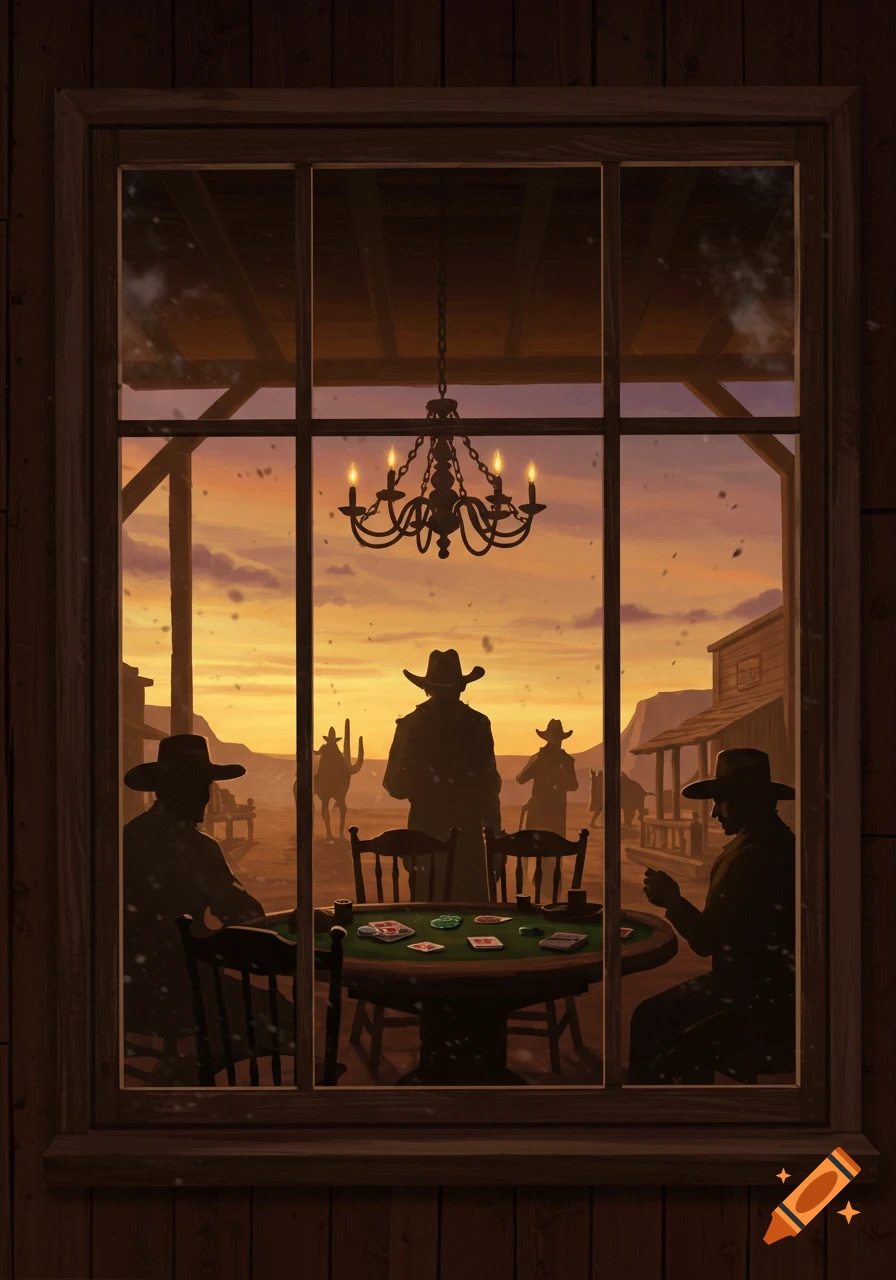 A western scene through a saloon window at sunset, silhouetted figures play poker inside, others are outside.
