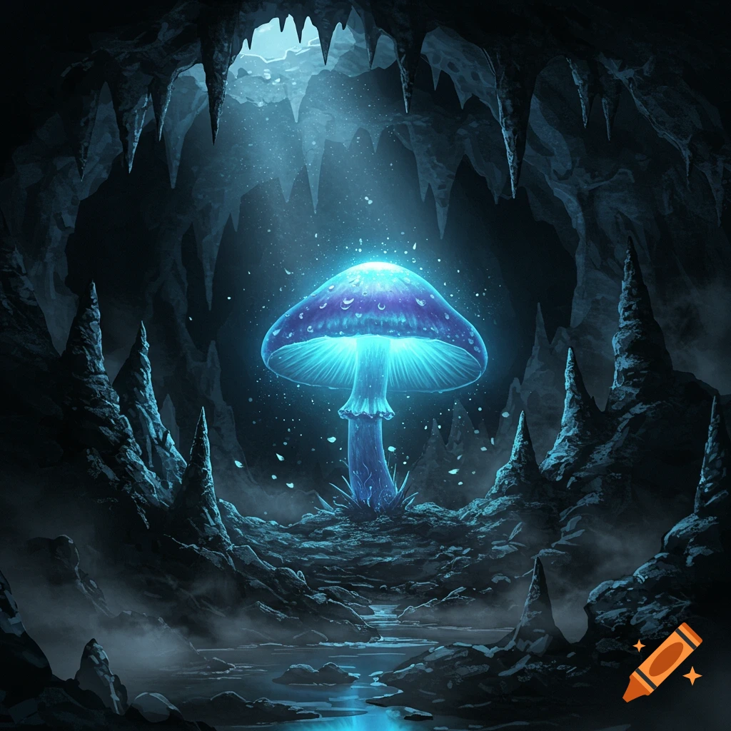 A vibrant glowing blue and purple fantasy mushroom illuminates a dark, mysterious cave with stalactites and a small stream.