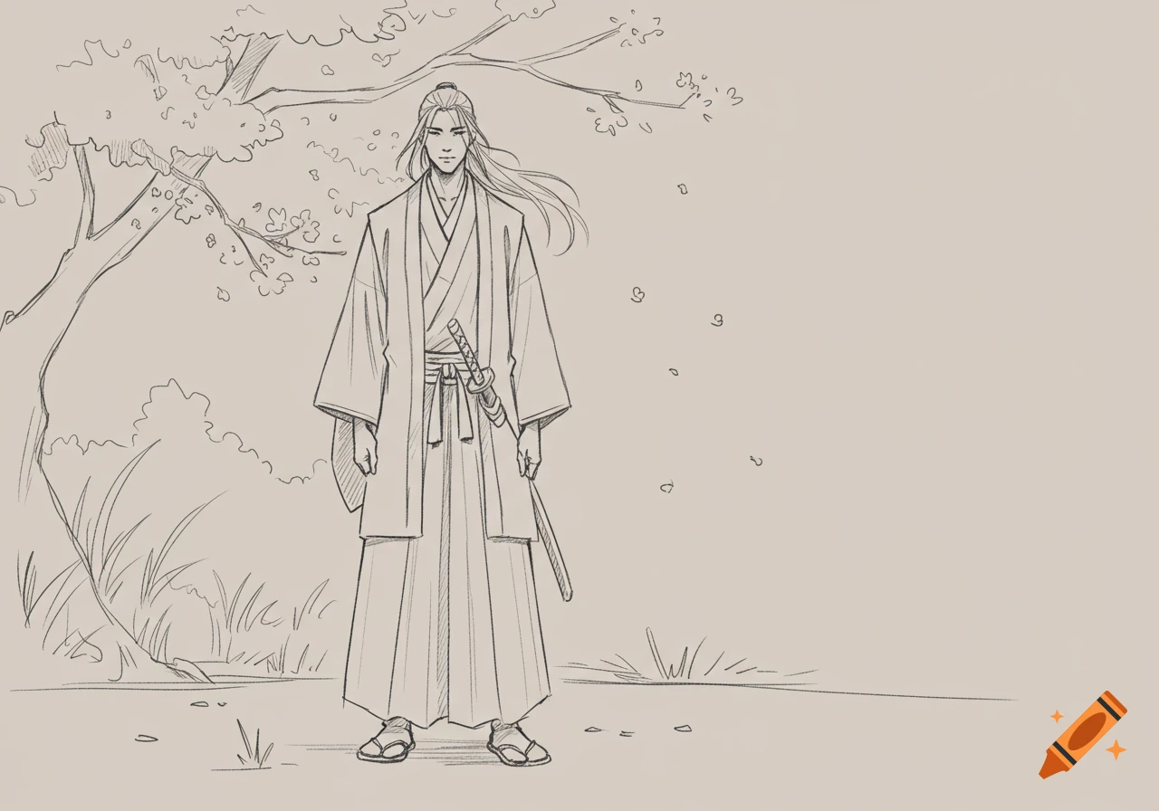 A hand-drawn pencil sketch of a male samurai in robes with a katana, standing under a cherry blossom tree.