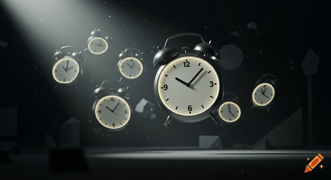 Multiple glowing alarm clocks float in a dark, abstract, surreal environment with a cinematic lighting effect.
