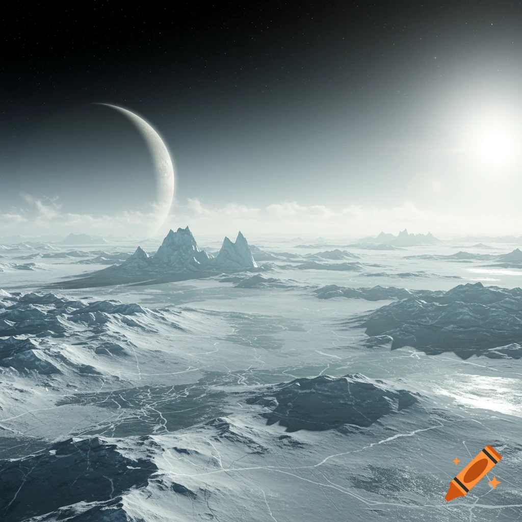 A vast, icy alien landscape under a dark, star-filled sky, featuring a large crescent moon and a bright distant sun.