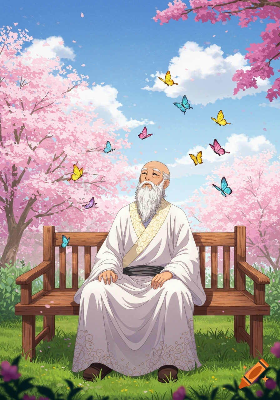 An old man with a long white beard sits peacefully on a wooden bench under cherry blossom trees, surrounded by colorful butterflies in an anime style.