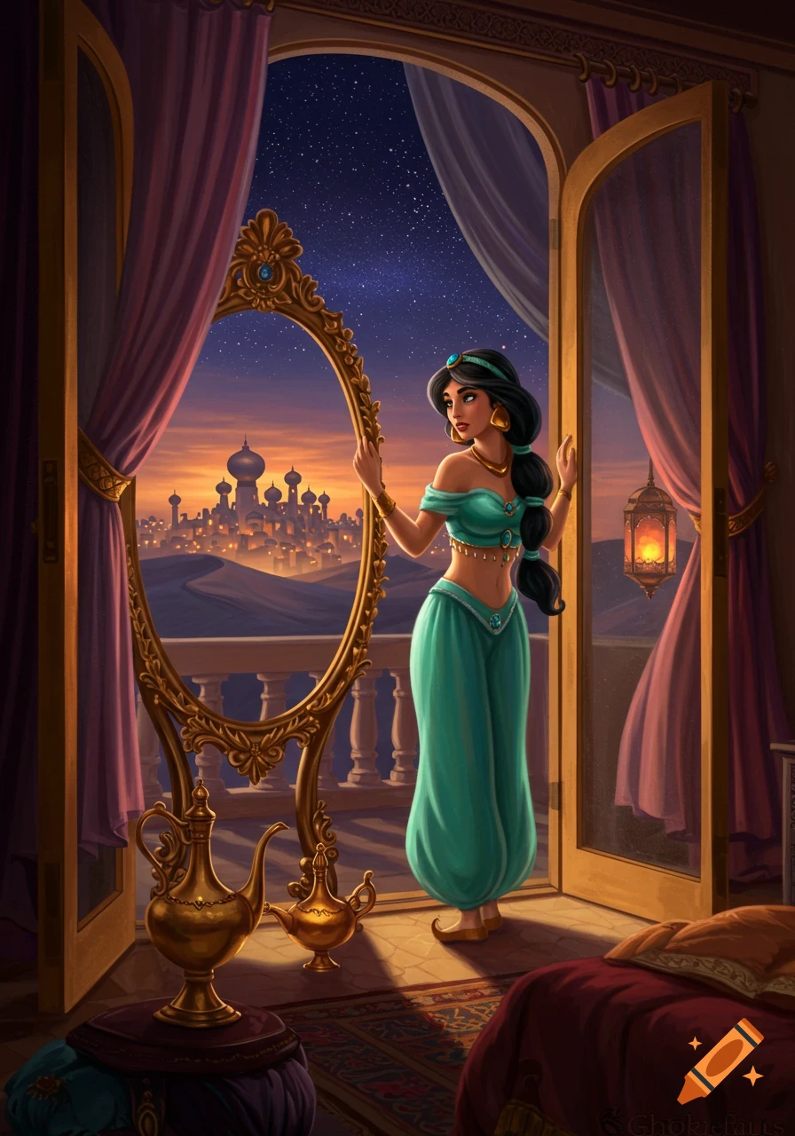 A fantasy painting of a princess in a turquoise outfit standing by an open balcony door, looking out at a desert city and starry sky.
