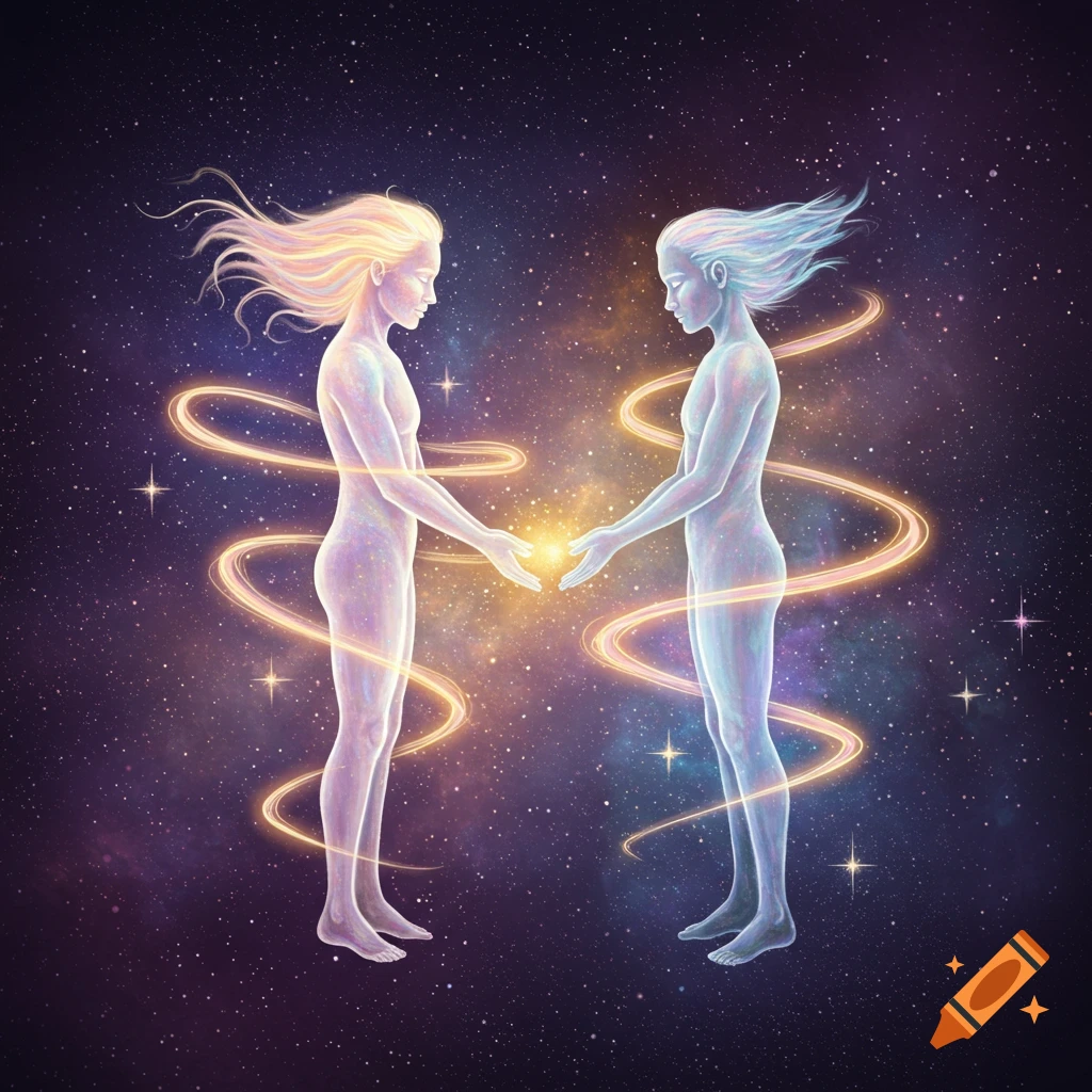 Two glowing, ethereal figures reach out to connect with a radiant light in a starry cosmic background, surrounded by swirling golden energy.