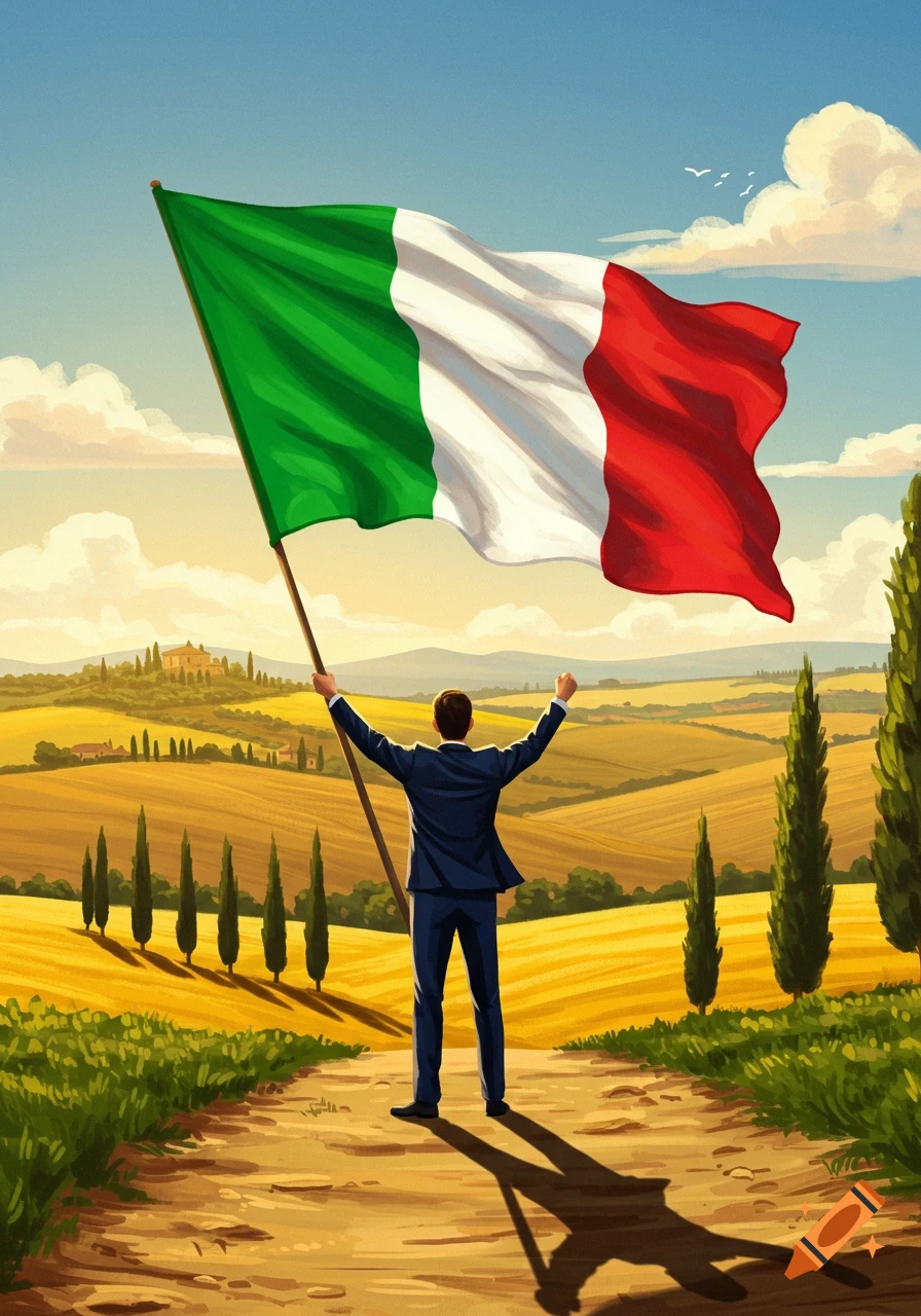 A man from behind holds a large Italian flag high in a sunny, rolling Tuscan landscape with cypress trees, in an illustrative style.