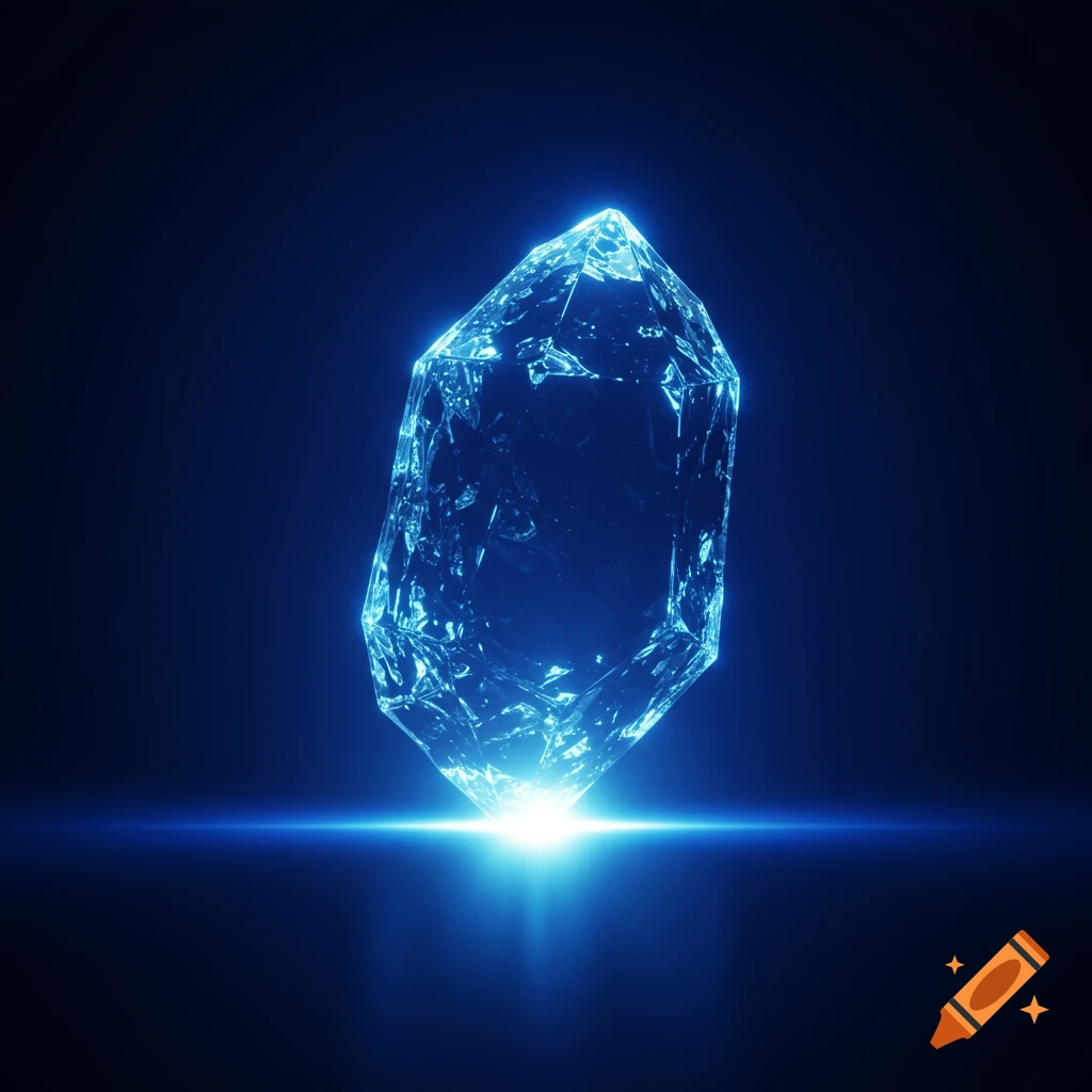 A luminous, multifaceted blue crystal glows brightly from below against a dark navy background, with a prominent light beam.