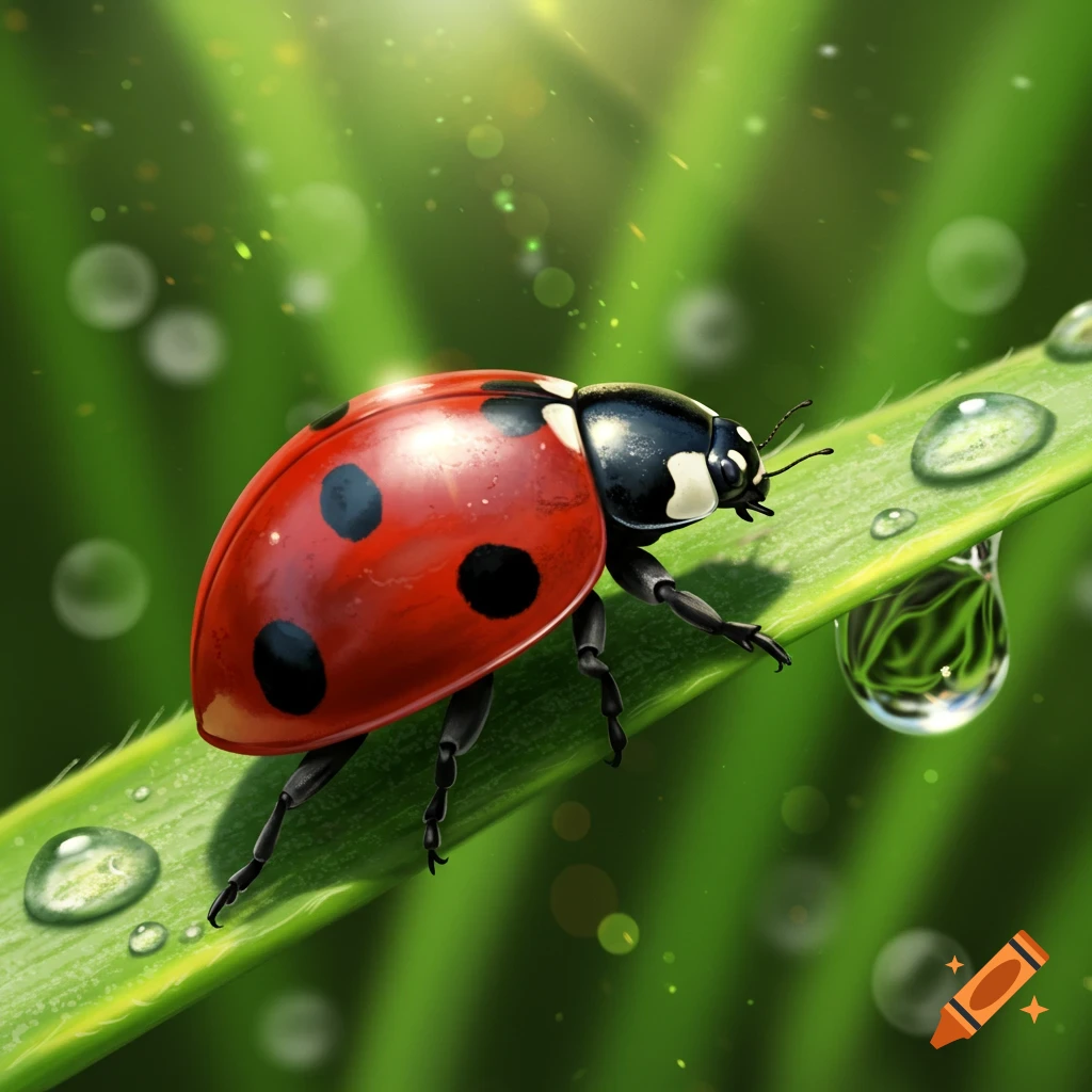A photorealistic close-up of a red and black ladybug on a dew-covered green blade of grass, with sunlight and bokeh.