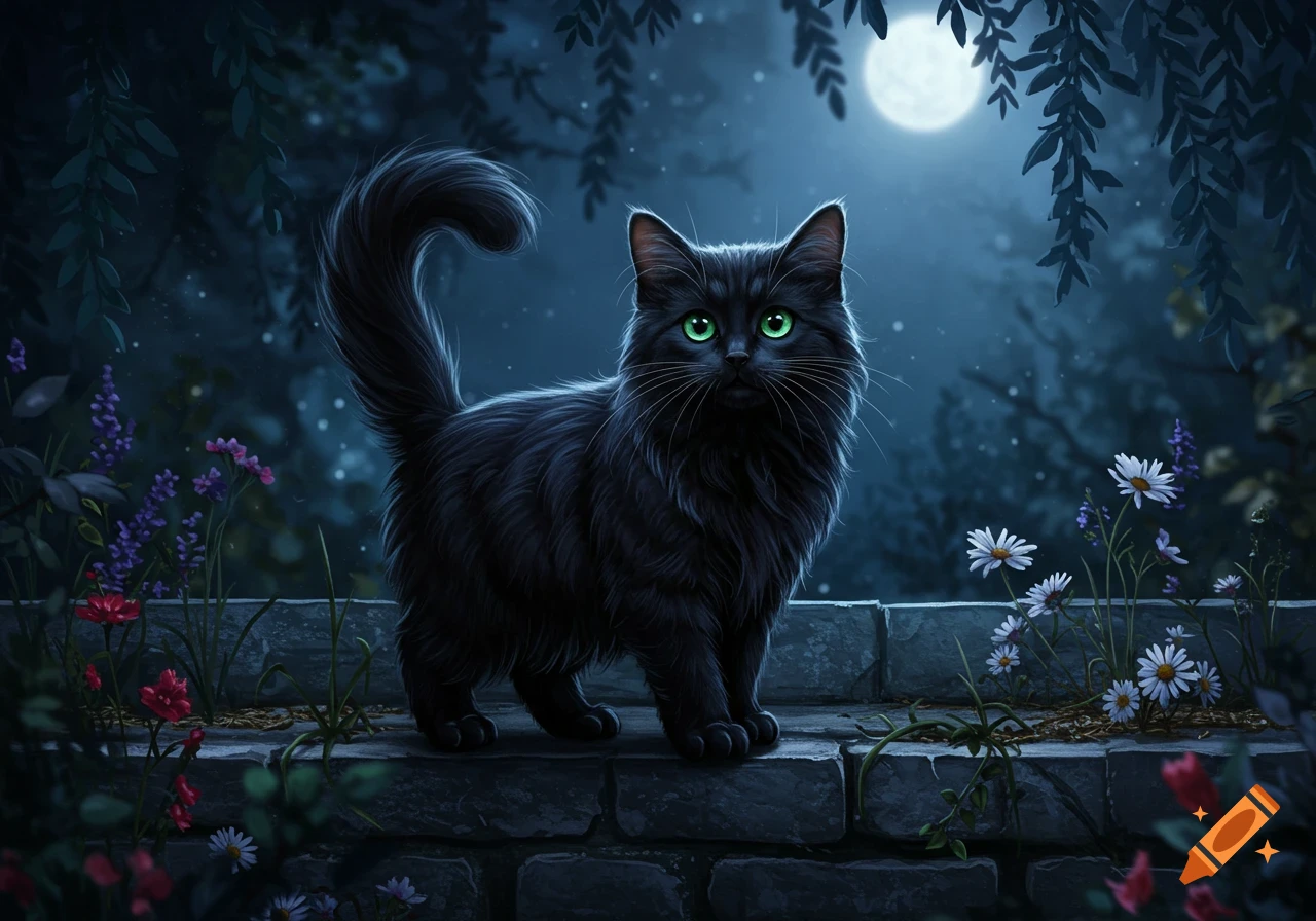 A fluffy black cat with glowing green eyes sits on a stone wall at ...