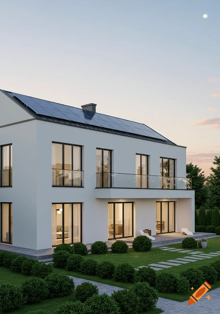 A modern two-story white house with black-framed windows and solar panels on the roof, surrounded by green lawn and bushes.