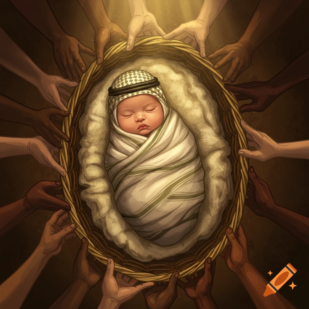 An illustration of a baby wrapped in a kaffiyeh, sleeping in a basket, surrounded by many hands of diverse skin tones.