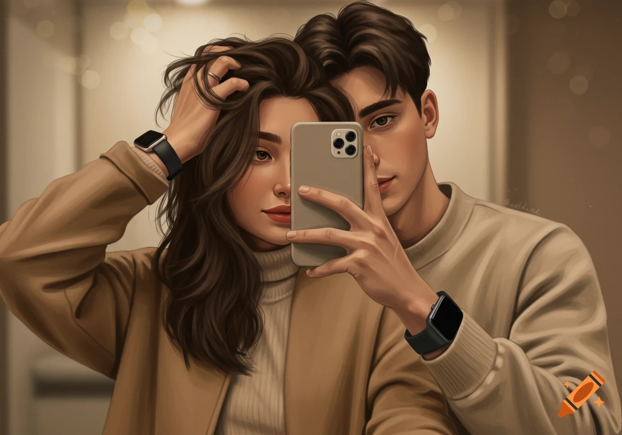 A stylized digital painting of a young couple taking a selfie in a mirror. The woman runs her hand through her hair, and the man holds the phone. They wear watches and light brown sweaters.