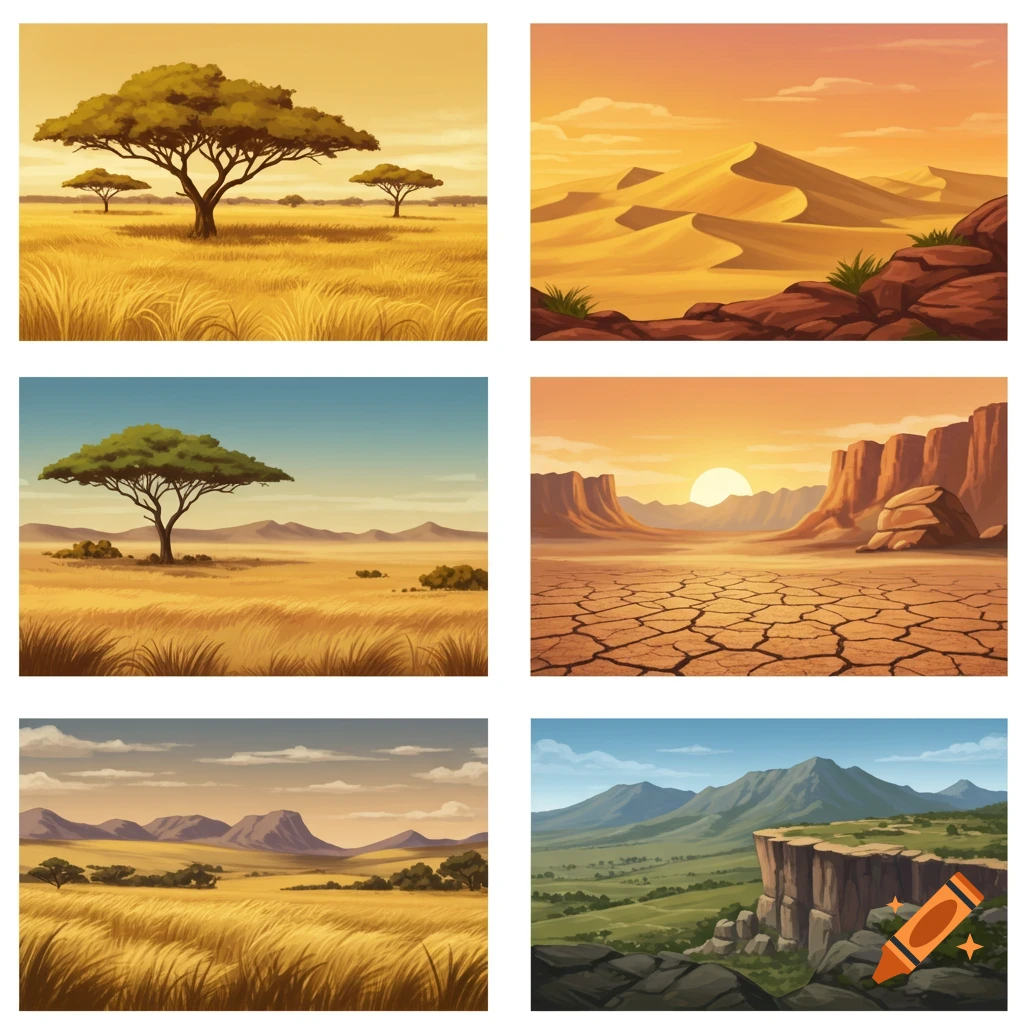 A grid of six cartoon landscape illustrations: savanna, desert dunes, canyon, cracked earth, grassy hills, and mountain cliff.