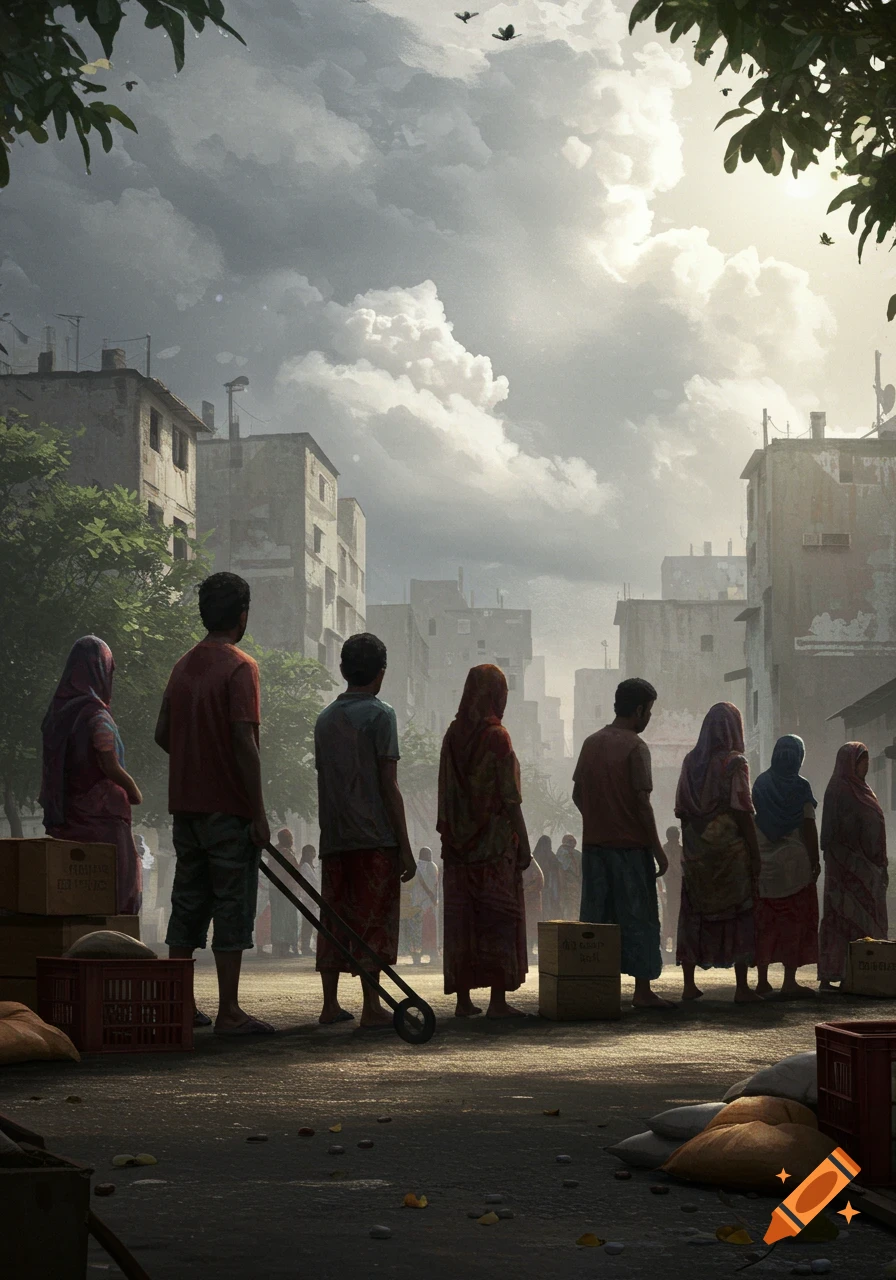 Digital painting of people in a line on a dusty urban street under a cloudy sky, with old buildings in the background.