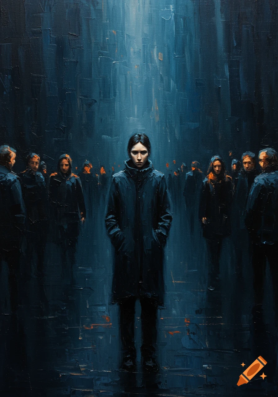 An expressive acrylic painting of a melancholic figure in a dark blue coat, standing still amidst a moving, shadowy crowd.