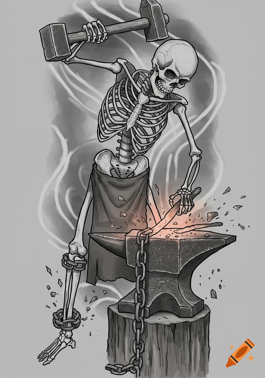 A stylized monochrome skeleton blacksmith hammering a chain on an anvil, chained to its ankle.