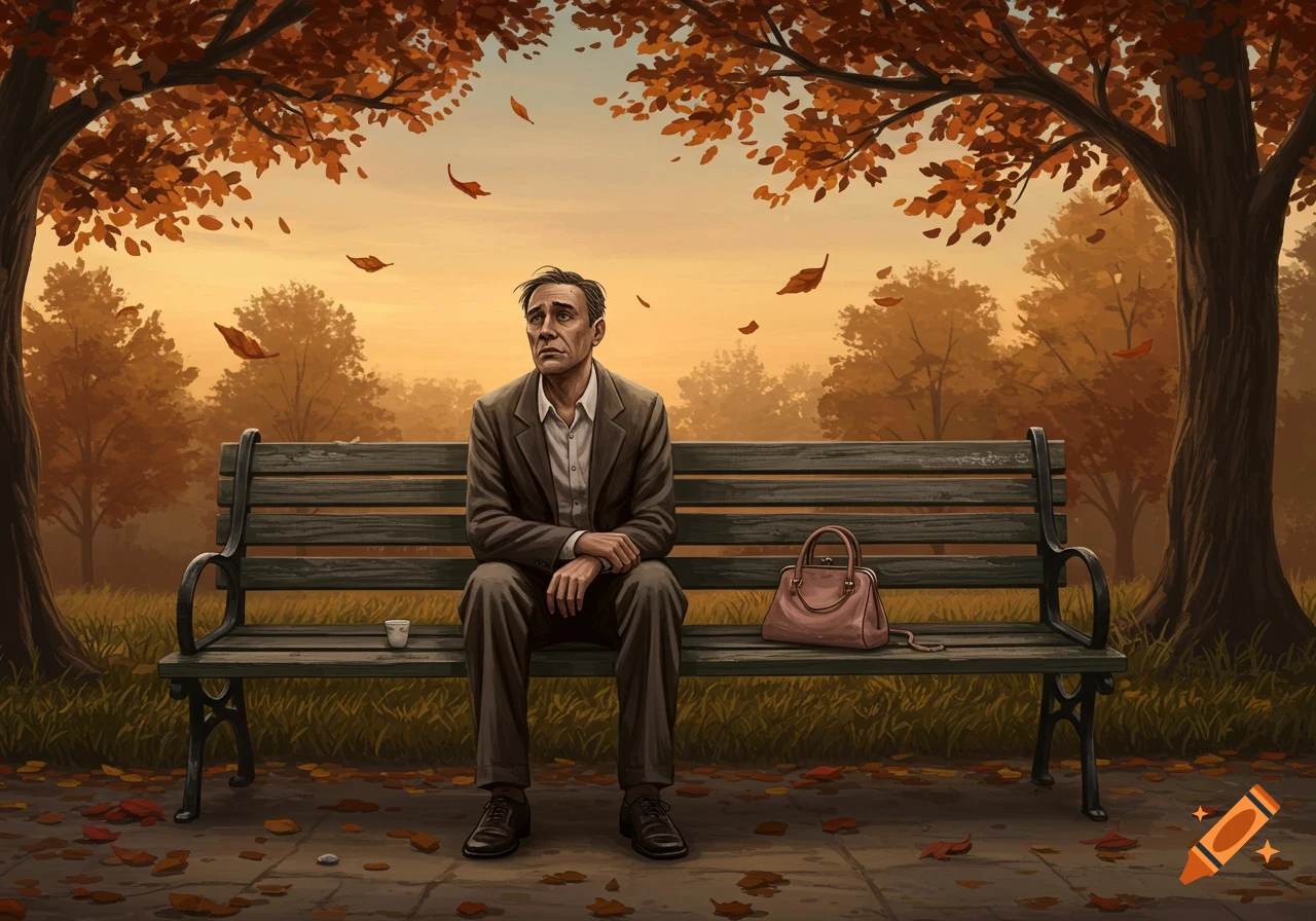 A sad man in a brown suit sits on a park bench during autumn, with falling orange leaves and a handbag next to him, in an illustrative style.