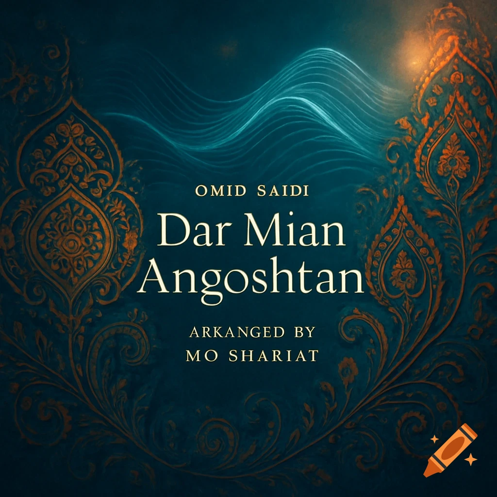 Album cover in teal and gold with ornate Persian patterns and wavy blue lines. White text reads "OMID SAIDI Dar Mian Angoshtan ARKANGED BY MO SHARIAT".