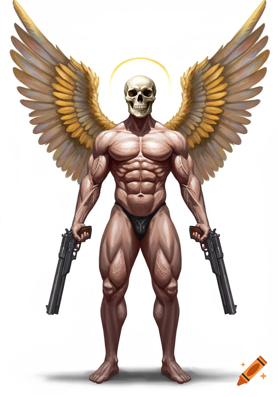 A muscular, winged figure with a skull for a head and a golden halo, wearing a black thong, holding a pistol in each hand, on a white background.