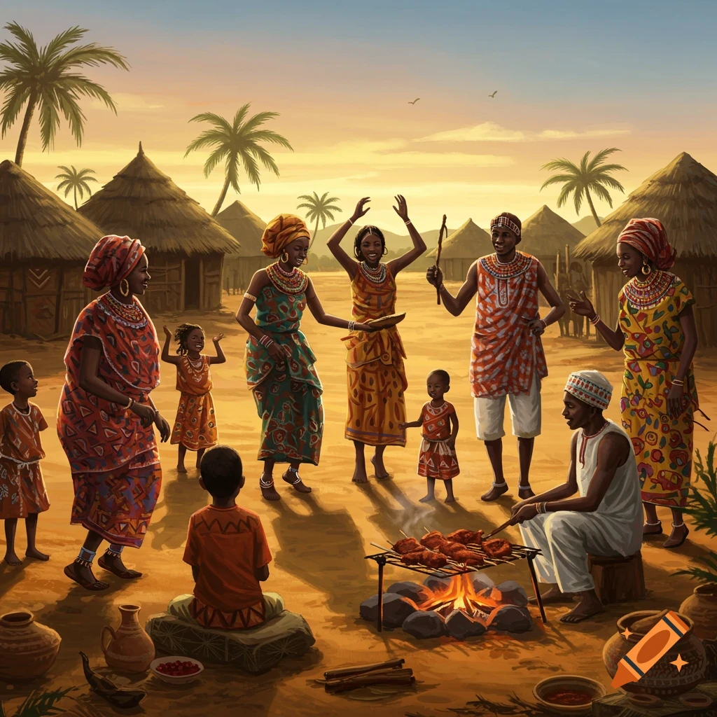 A vibrant illustration of an African village gathering at sunset, with people in traditional attire dancing, cooking meat over a fire, and children playing near straw huts and palm trees.