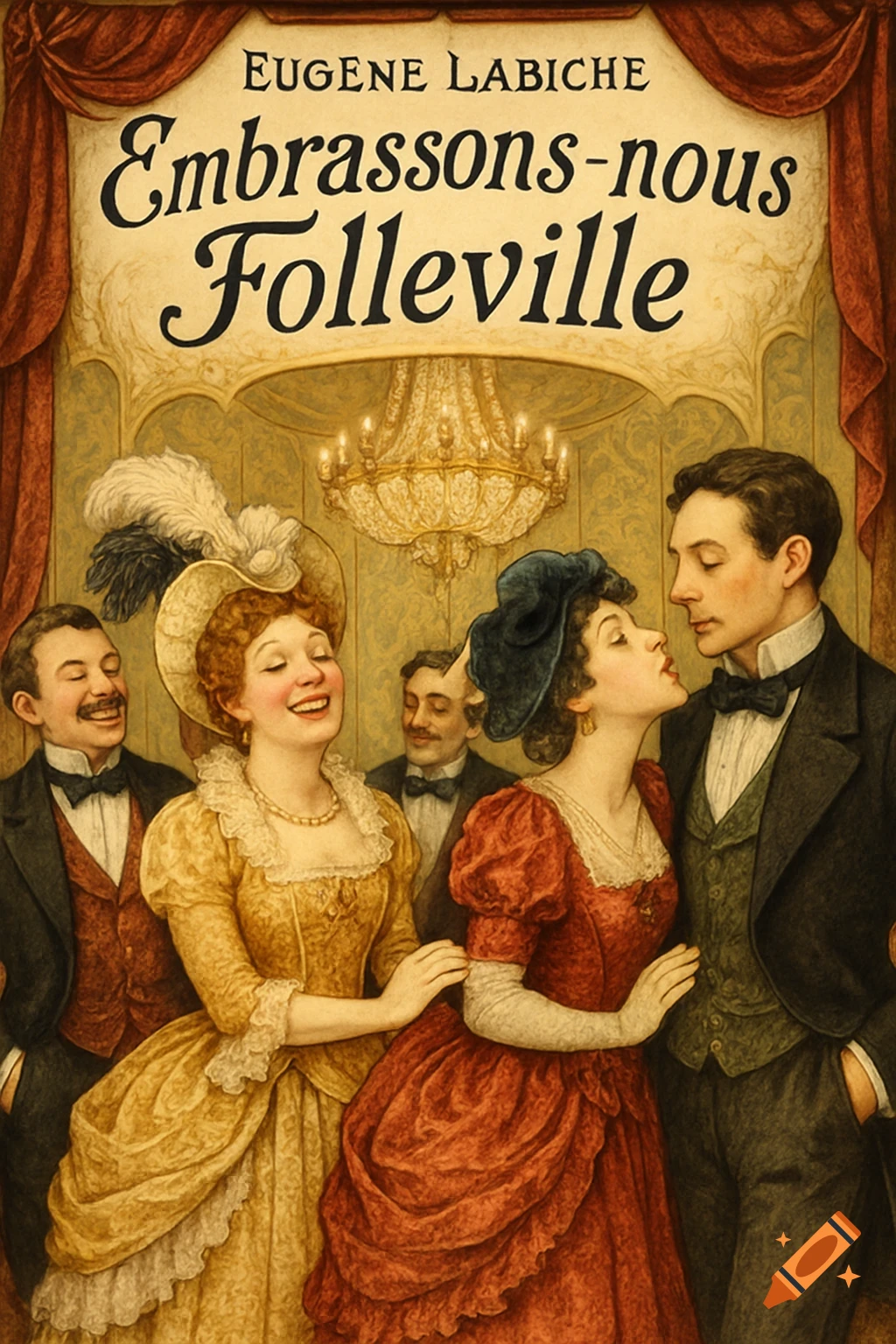 Vintage illustration of a couple in historical costumes, woman leaning to kiss man, text "Embrassons-nous Folleville" visible.