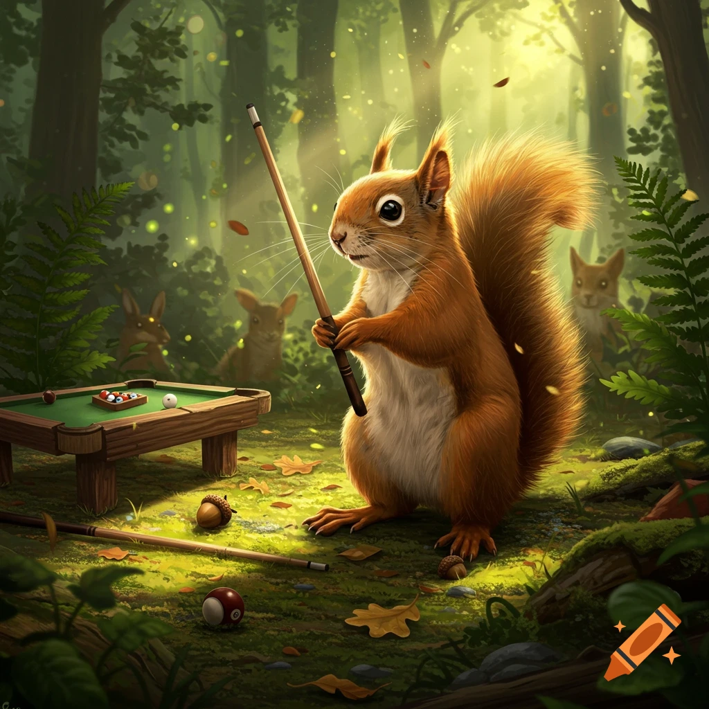 A cute squirrel holds a cue stick, ready to play billiards on a miniature table in a sun-dappled magical forest.